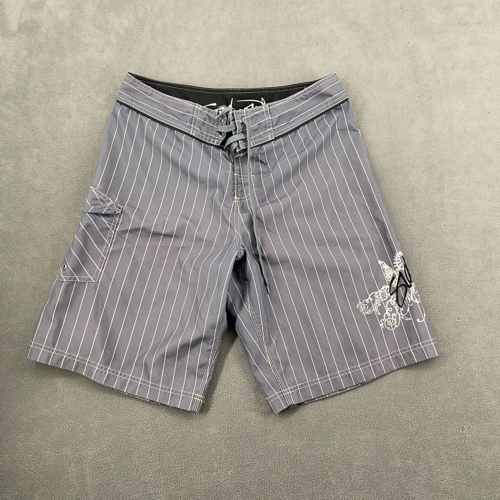 Y2K Sideout Board Shorts Sz 34 Gray Striped Embroidered Logo Grunge Skate Surf - Picture 1 of 12